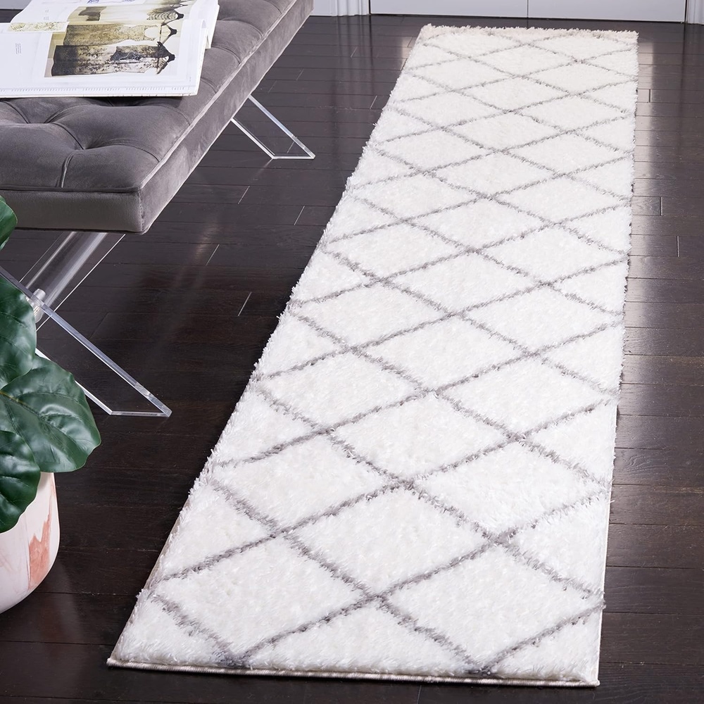 image:imageSAFAVIEH Area Rug 8x10 Tahoe Shag Collection Large Black amp White Trellis Pattern NonShedding amp Easy Cleaning Plush Thick Pile Ideal for Living Room Bedroom Dining Space THO676ZWhiteGrey