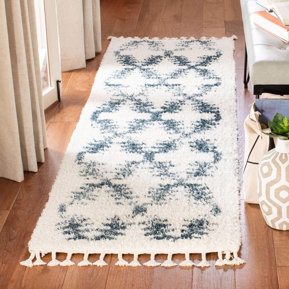 image:imageSAFAVIEH Berber Fringe Shag Collection Area Rug 9 x 12 Cream amp Blue Moroccan Design NonShedding amp Easy Care 12inch Thick Ideal for High Traffic Areas in Living Room Bedroom BFG524ACreamBlue