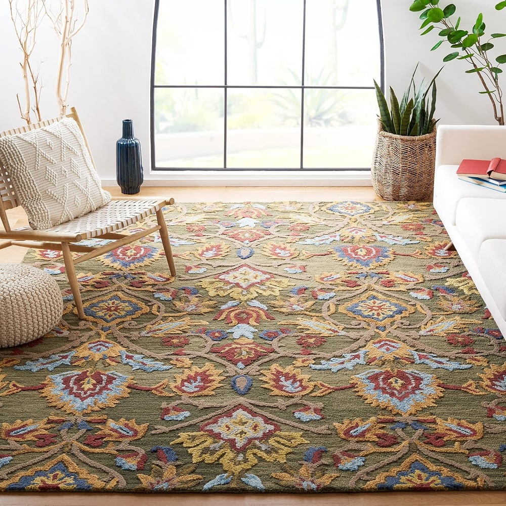 image:imageSAFAVIEH Blossom Collection Area Rug 9 x 12 Green amp Multi Handmade Wool Ideal for High Traffic Areas in Living Room Bedroom BLM402B