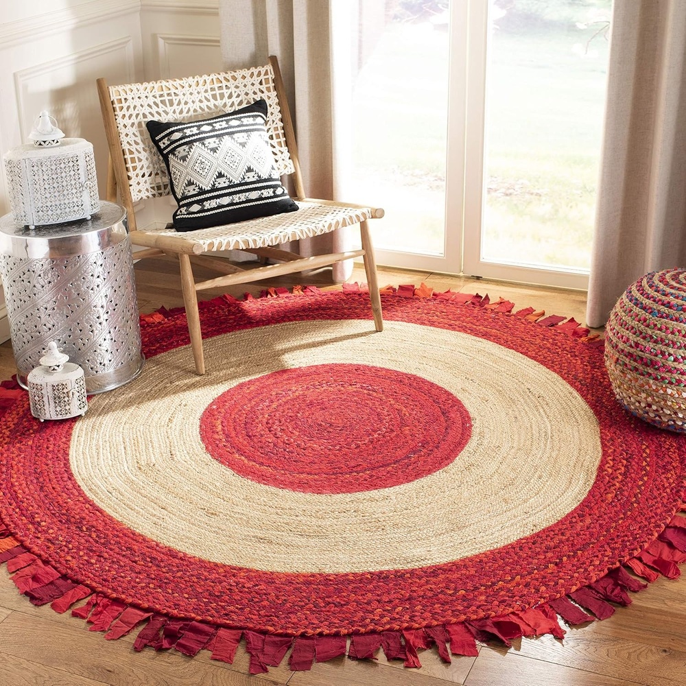 image:imageSAFAVIEH Cape Cod Collection Area Rug 6 Round Beige amp Natural Handmade Boho Fringe Jute amp Cotton Ideal for High Traffic Areas in Living Room Bedroom CAP701BRedNatural