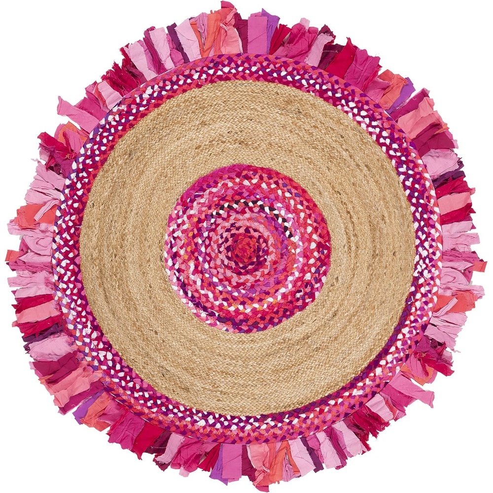 image:imageSAFAVIEH Cape Cod Collection Area Rug 6 Round Beige amp Natural Handmade Boho Fringe Jute amp Cotton Ideal for High Traffic Areas in Living Room Bedroom CAP701BPinkNatural