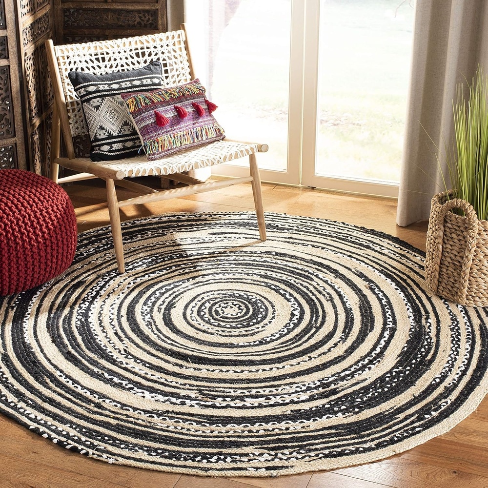 image:imageSAFAVIEH Cape Cod Collection Area Rug  6 Round Blue amp Natural Handmade Braided Jute amp Cotton Ideal for High Traffic Areas in Living Room Bedroom CAP209LBlackIvory