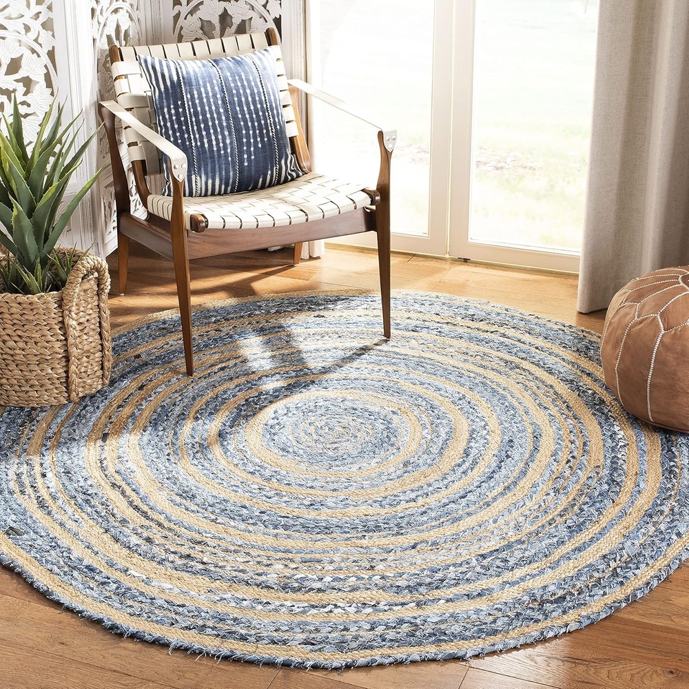 image:imageSAFAVIEH Cape Cod Collection Area Rug 6 Round Blue amp Natural Handmade Braided Jute amp Cotton Ideal for High Traffic Areas in Living Room Bedroom CAP209LBlueNatural