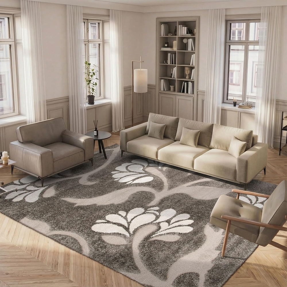 image:imageSAFAVIEH Florida Shag Collection Area Rug 86 x 12 Smoke amp Beige Floral Design NonShedding amp Easy Care 12inch Thick Ideal for High Traffic Areas in Living Room Bedroom SG4597913