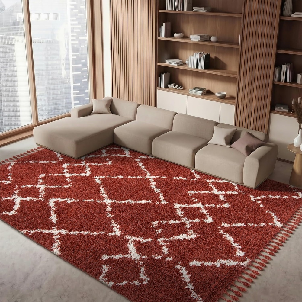 image:imageSAFAVIEH Pro Luxe Shag Collection Area Rug 9 x 12 Rust amp Creme Moroccan Boho Tassel NonShedding amp Easy Care 24inch Thick Ideal for High Traffic Areas in Living Room Bedroom PLX434P