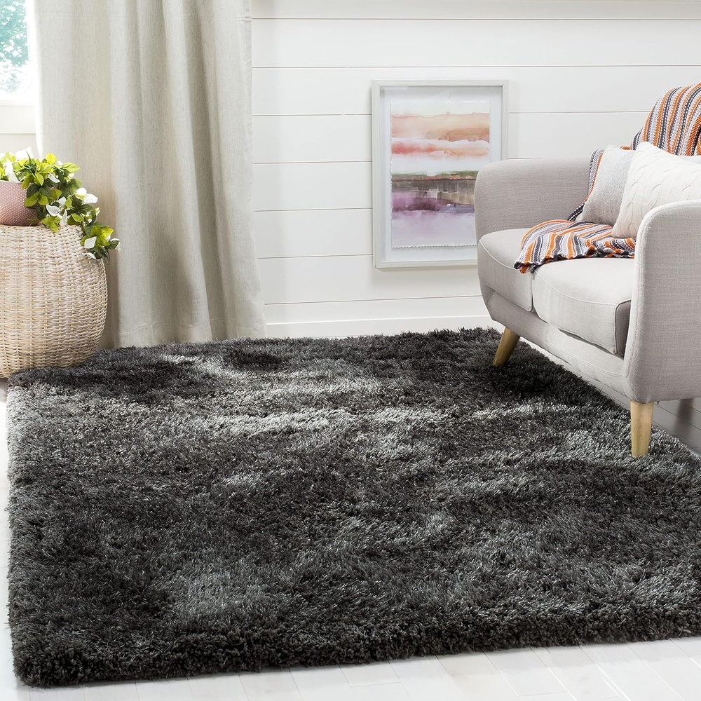 image:imageSAFAVIEH Supreme Shag Collection 8 x 10 Light Blue SGS621D Handmade Solid 15inch Thick Area RugDark Grey