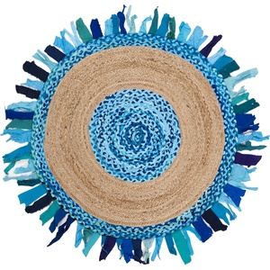 SAFAVIEH Cape Cod Collection Area Rug – 6′ Round, Beige & Natural, Handmade Boho Fringe Jute & Cotton, Ideal for High Traffic Areas in Living Room, Bedroom (CAP701B)(Turquoise/Natural)