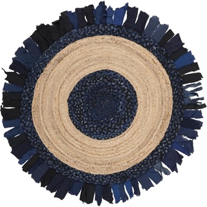 SAFAVIEH Cape Cod Collection Area Rug – 6′ Round, Beige & Natural, Handmade Boho Fringe Jute & Cotton, Ideal for High Traffic Areas in Living Room, Bedroom (CAP701B)(Navy/Natural)