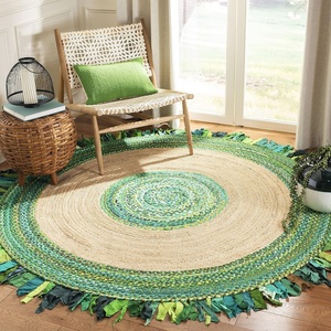 SAFAVIEH Cape Cod Collection Area Rug – 6′ Round, Beige & Natural, Handmade Boho Fringe Jute & Cotton, Ideal for High Traffic Areas in Living Room, Bedroom (CAP701B)(Green/Natural)