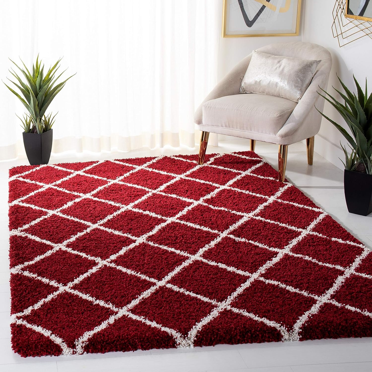 image:imageSAFAVIEH Area Rug 8x10 Hudson Shag Collection Large Ivory amp Grey Trellis Pattern NonShedding amp Easy Cleaning Ultra Plush Thick Pile Ideal for Living Room Bedroom Dining Space SGH222DRedIvory