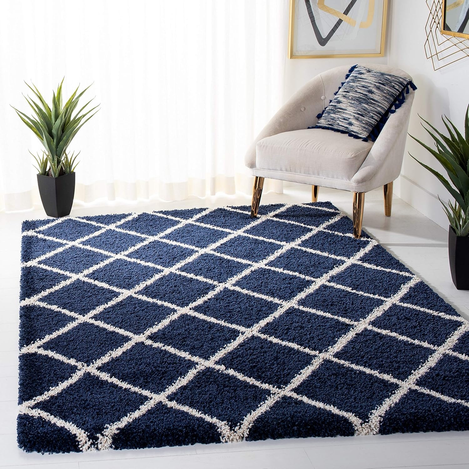image:imageSAFAVIEH Area Rug 8x10 Hudson Shag Collection Large Ivory amp Grey Trellis Pattern NonShedding amp Easy Cleaning Ultra Plush Thick Pile Ideal for Living Room Bedroom Dining Space SGH222DNavyIvory