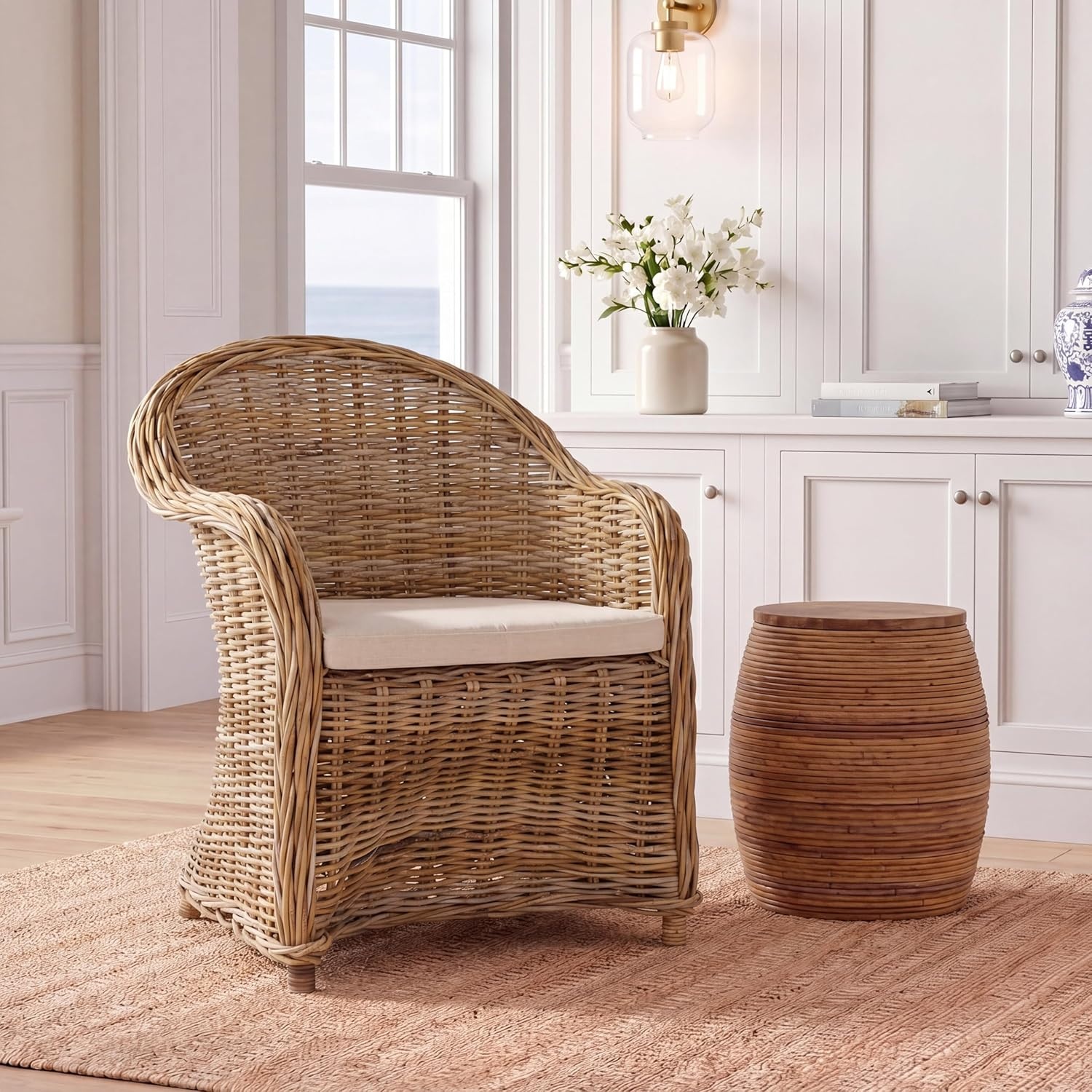 image:imageSAFAVIEH Furniture Zane Club Chair 173 Seat Height Grey Rattan Coastal Woven Design Ideal for Living Room Sunroom Bedroom Fully Assembled SEA7006A