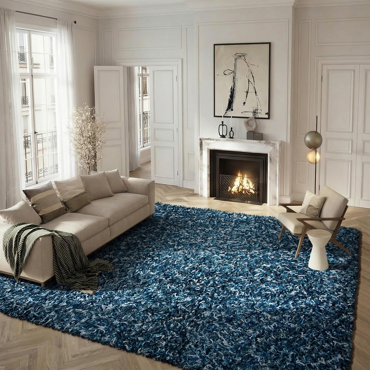 image:imageSAFAVIEH Rio Shag Collection 8 x 10 BlackIvory SG960H Handmade 1inch Thick Area RugNavyIvory