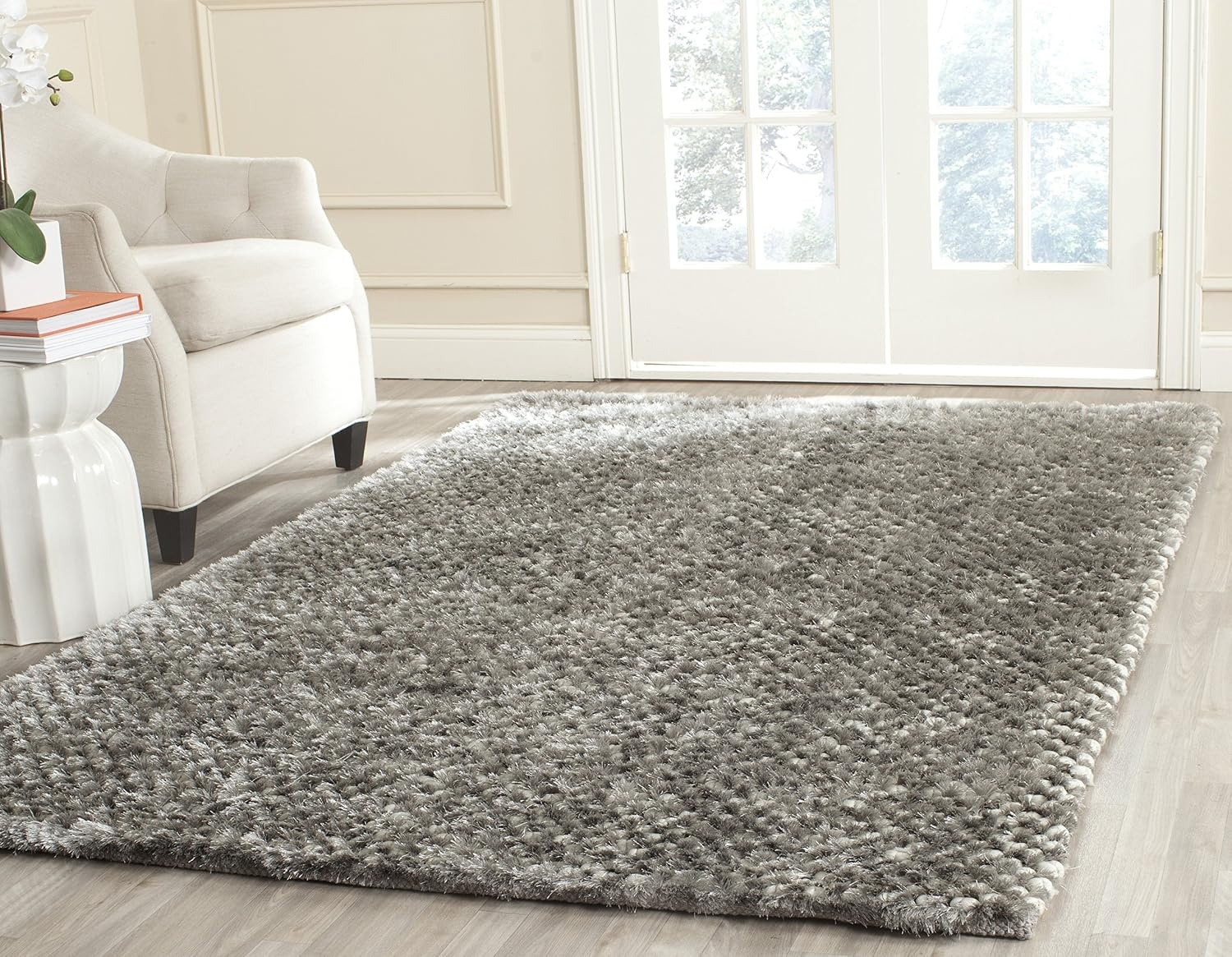 image:imageSAFAVIEH Saint Tropez Shag Collection 9 x 12 Snow White STS641W Handmade Solid 1inch Thick Area RugSilver