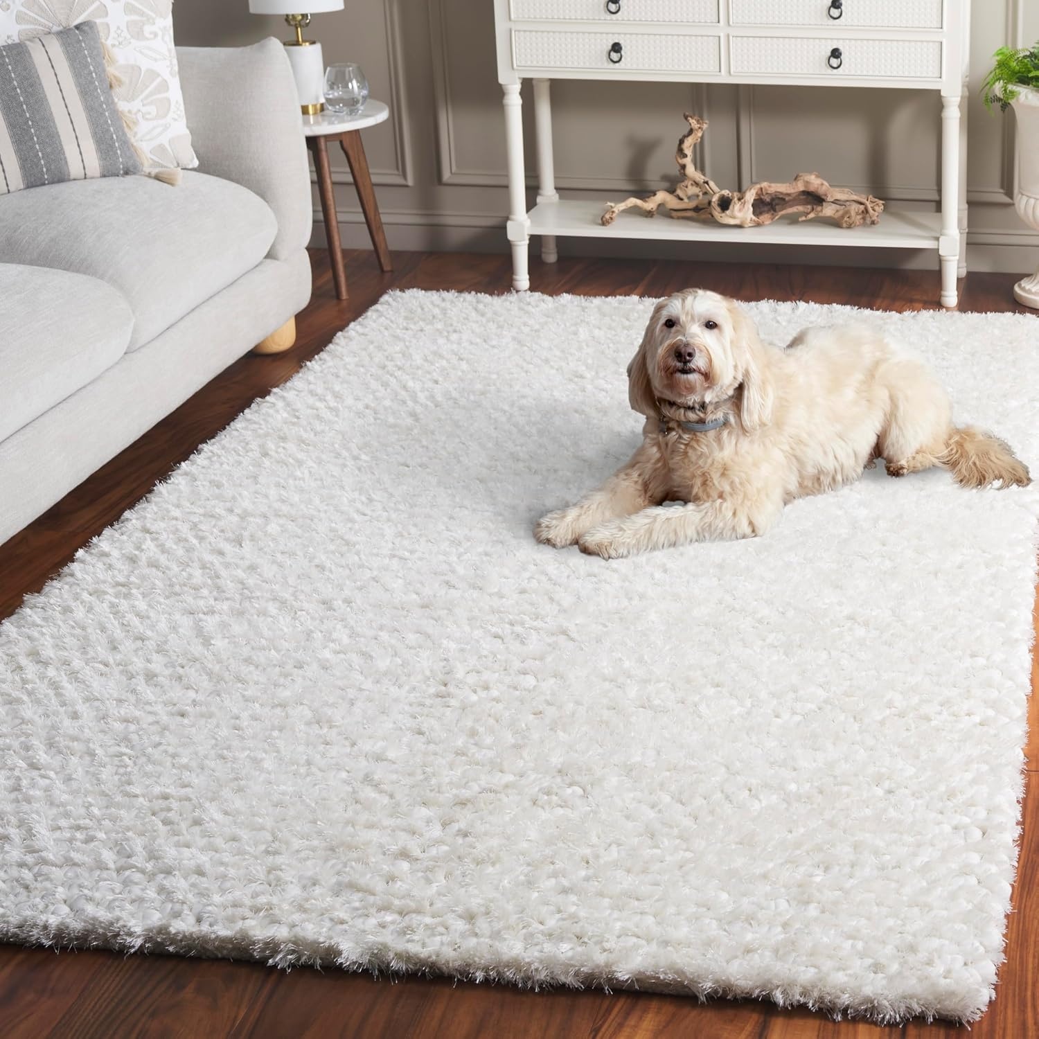 image:imageSAFAVIEH Saint Tropez Shag Collection 9 x 12 Snow White STS641W Handmade Solid 1inch Thick Area RugSnow White