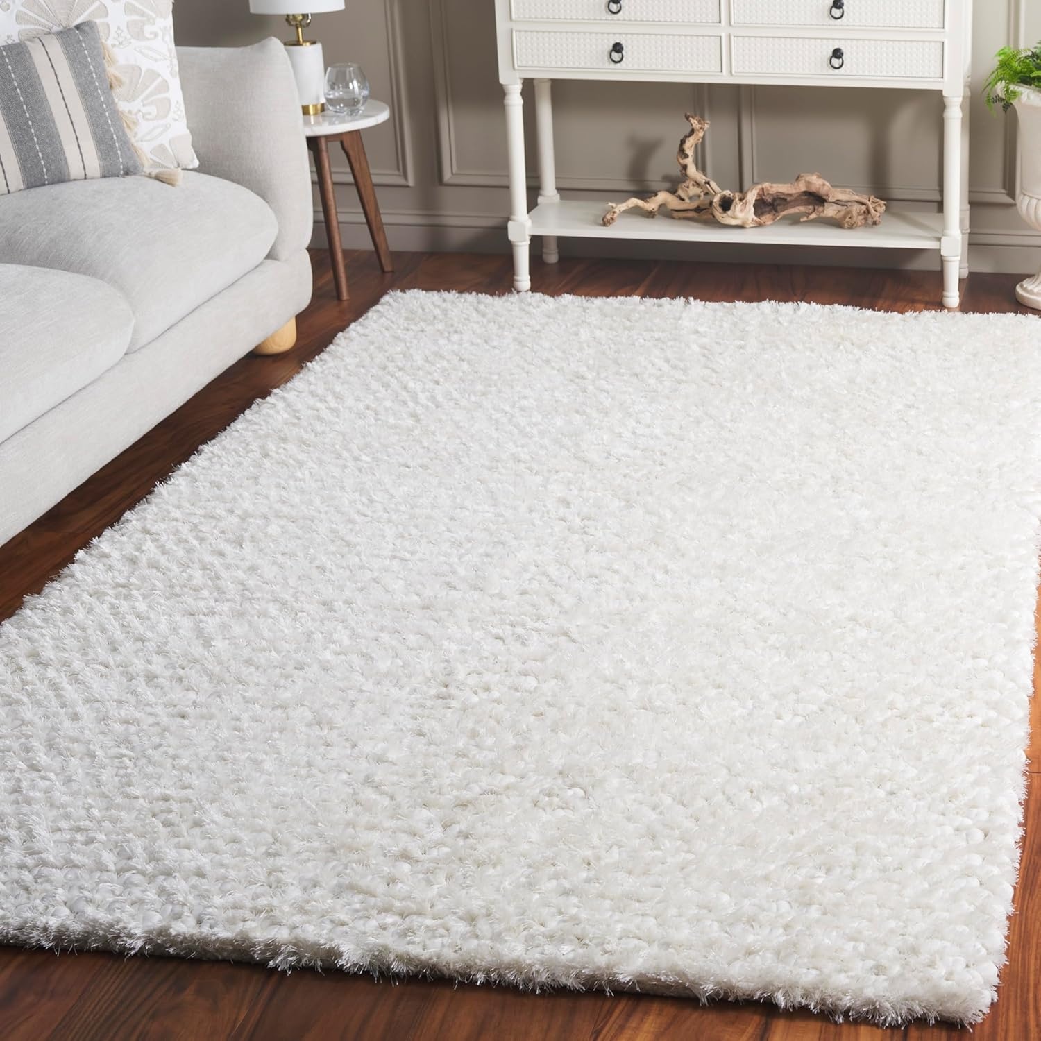image:imageSAFAVIEH Saint Tropez Shag Collection 9 x 12 Snow White STS641W Handmade Solid 1inch Thick Area RugSnow White