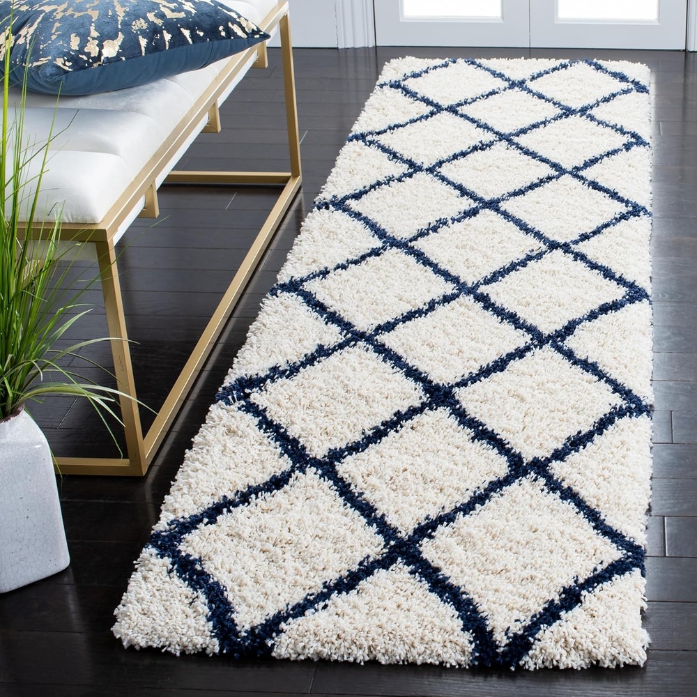 image:imageSAFAVIEH Area Rug 8x10  Hudson Shag Collection  Large  Ivory amp Grey Trellis Pattern NonShedding amp Easy Cleaning Ultra Plush Thick Pile Ideal for Living Room Bedroom Dining Space SGH222DIvoryNavy