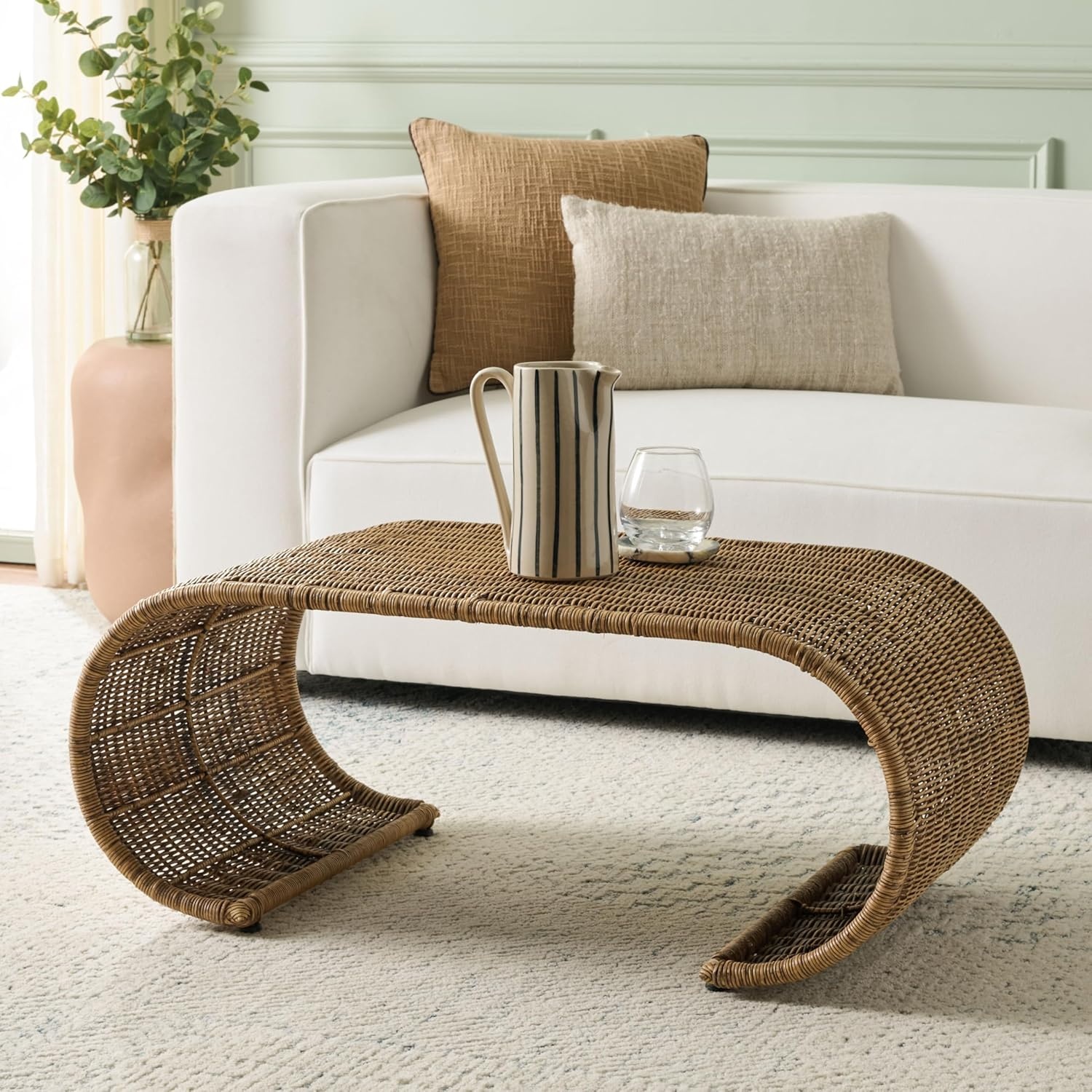 image:imageSAFAVIEH Home Collection Tamo Light Natural Rattan Coffee Table Sculptural Coastal Boho Design Fully Assembled COF6515AHoney Brown Wash