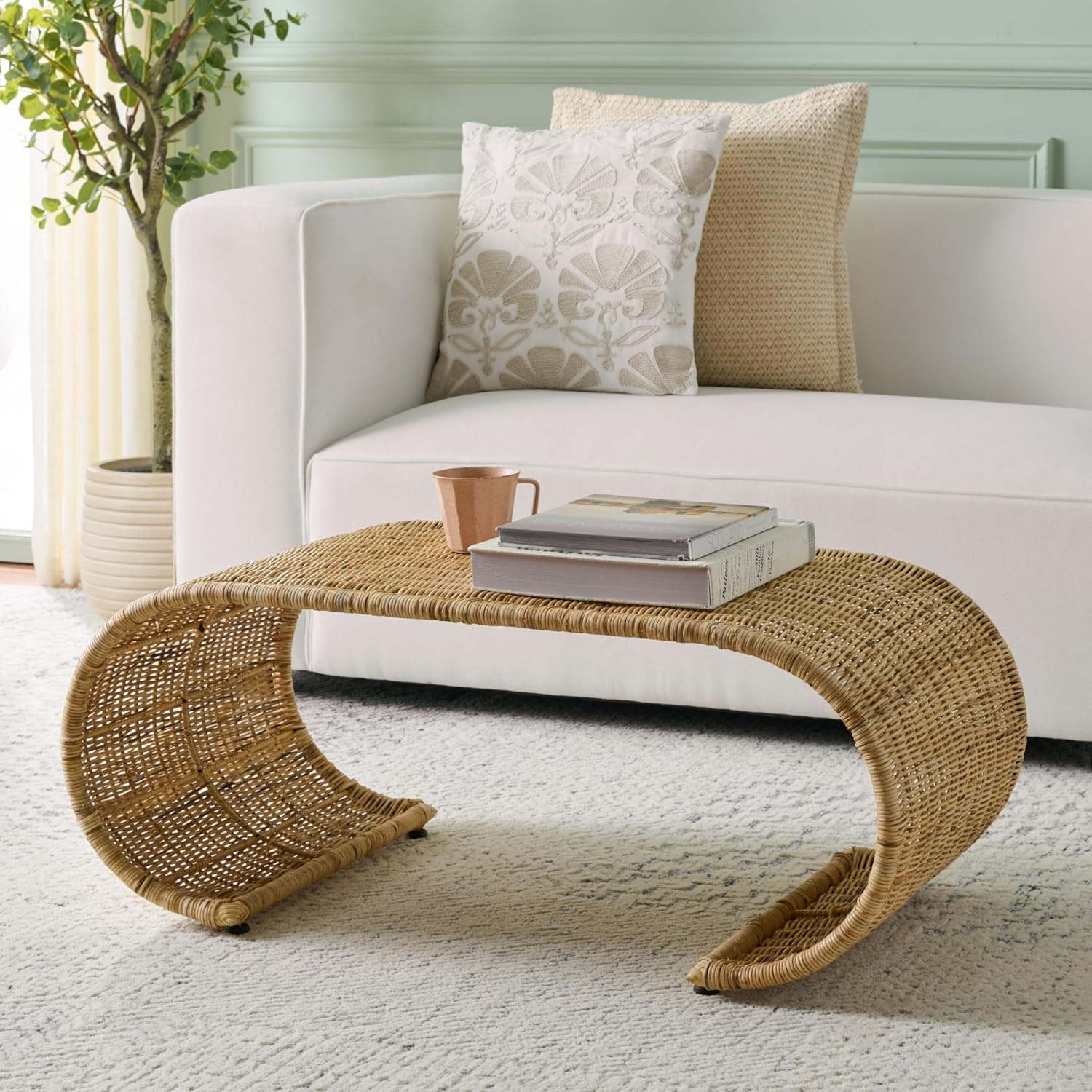 image:imageSAFAVIEH Home Collection Tamo Light Natural Rattan Coffee Table Sculptural Coastal Boho Design Fully Assembled COF6515ALight Natural