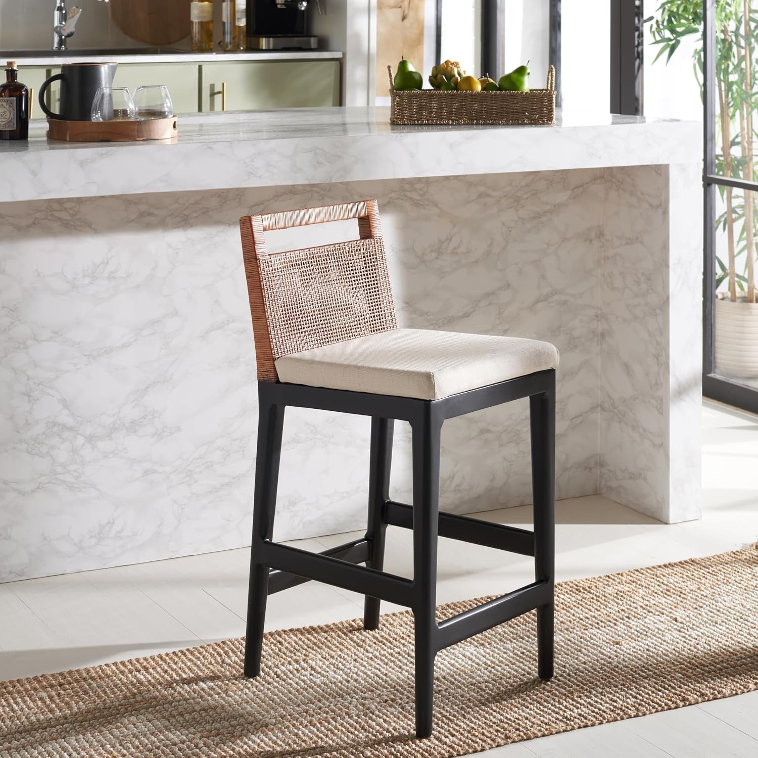 image:imageSAFAVIEH Furniture Darin Counter Stool Brown amp White Solid Wood Coastal Upholstered Design Ideal for Kitchen Bar Area Dining Room Fully Assembled BST4001DBrown WeavingBlackWhite Cushion