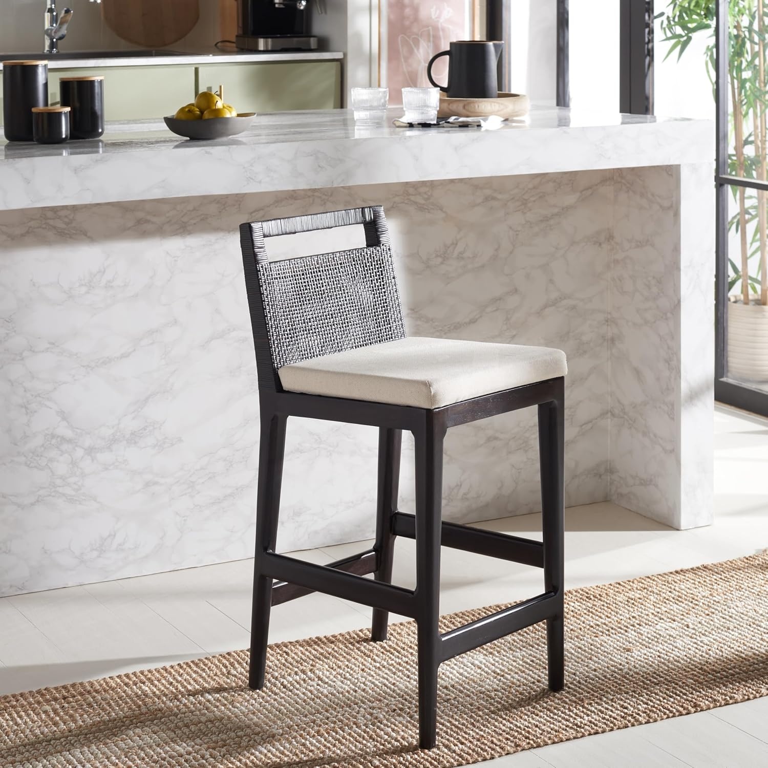 image:imageSAFAVIEH Furniture Darin Counter Stool Brown amp White Solid Wood Coastal Upholstered Design Ideal for Kitchen Bar Area Dining Room Fully Assembled BST4001DBrownWhite Cushion
