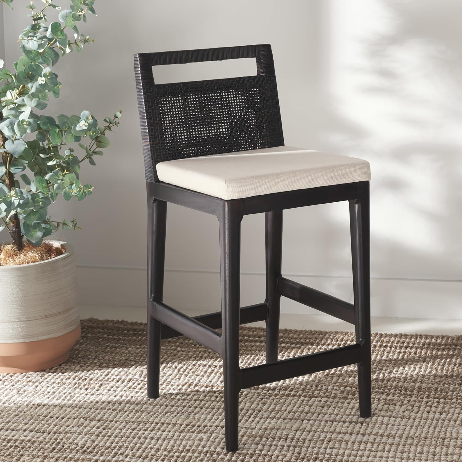 image:imageSAFAVIEH Furniture Darin Counter Stool Brown amp White Solid Wood Coastal Upholstered Design Ideal for Kitchen Bar Area Dining Room Fully Assembled BST4001DBrownWhite Cushion