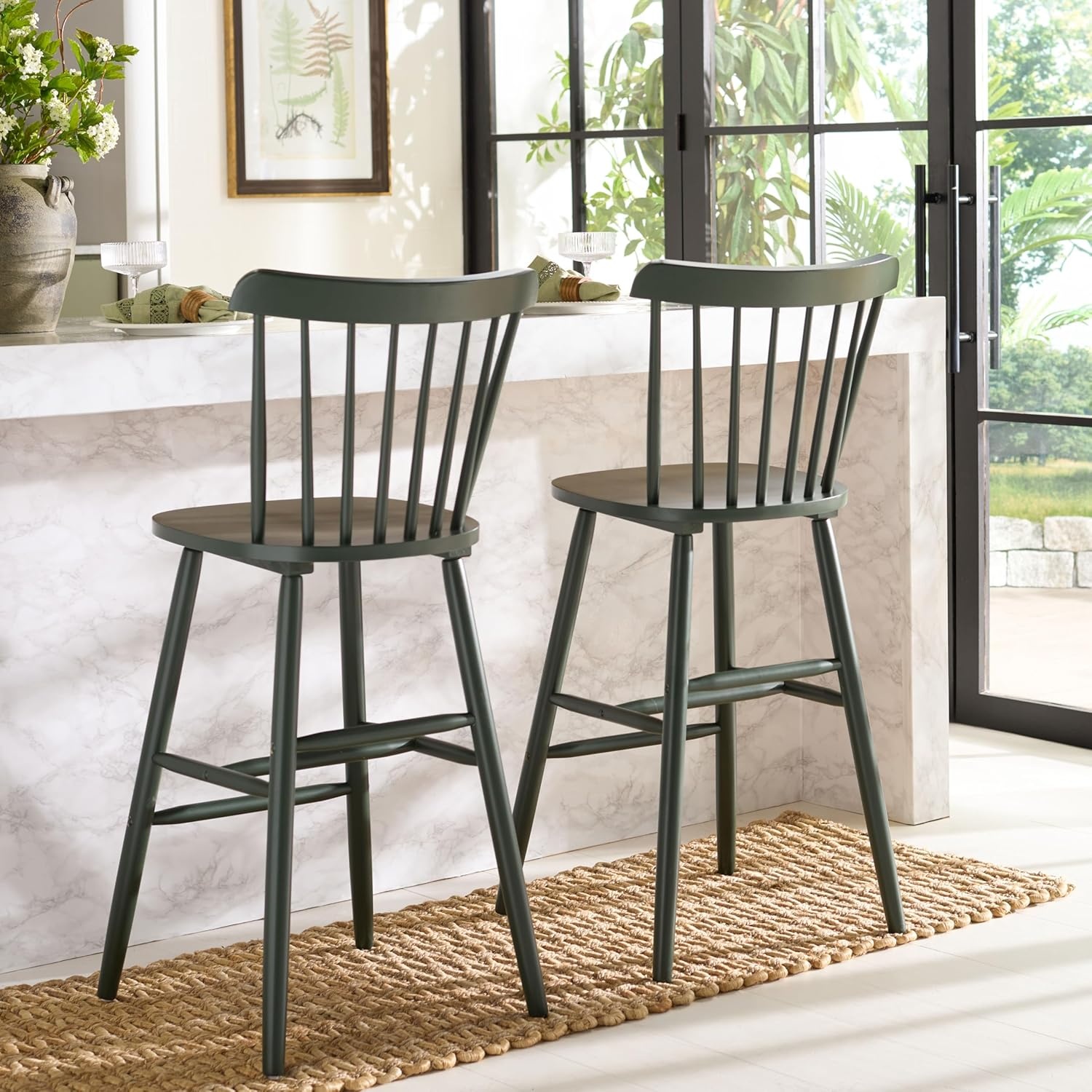 image:imageSAFAVIEH Furniture Galena Bar Stool Set of 2 Dusty Green Solid Wood Modern CleanLine Design Ideal for Kitchen Bar Area Dining Room 30 Seat Height BST8502FSET2Garden Green