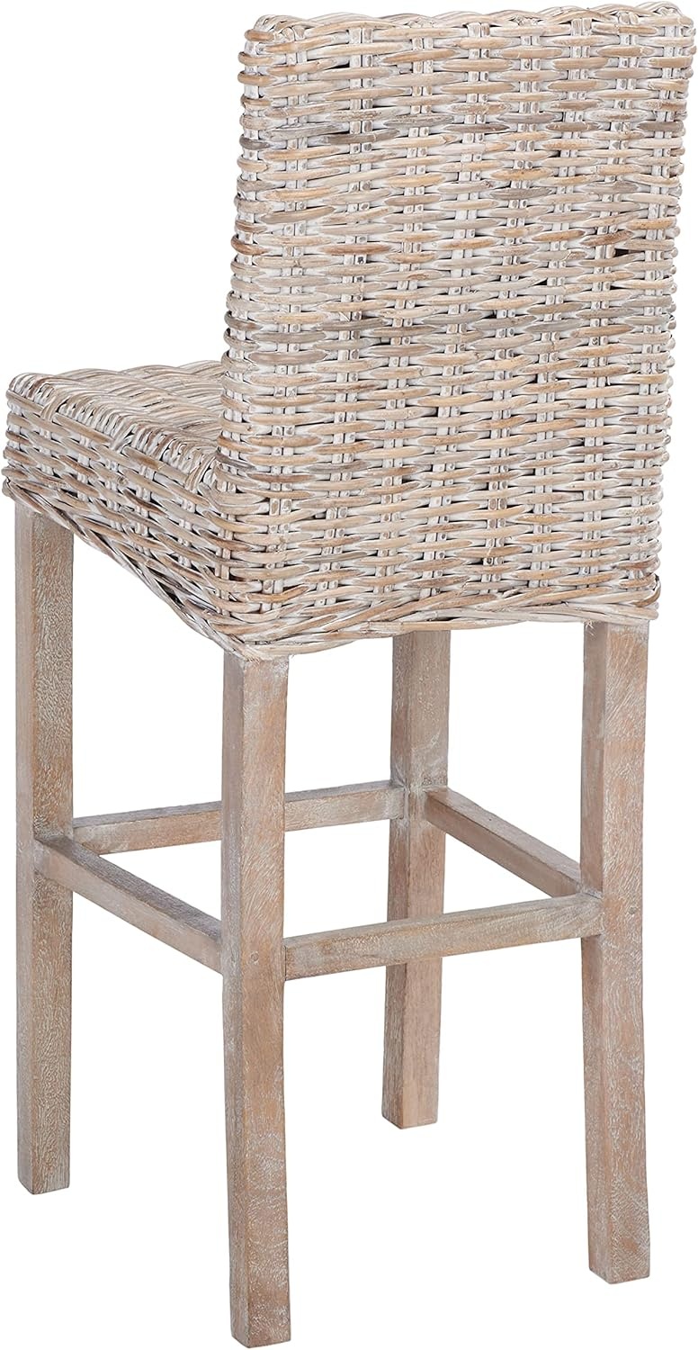 image:imageSAFAVIEH Furniture Tobie Rattan Bar Stool 177 Seat Height Grey WhiteWash Mango Wood Coastal RattanSeat Design Ideal for Kitchen Bar Area Dining Room Fully Assembled BST6500BWhite Washed White Washed