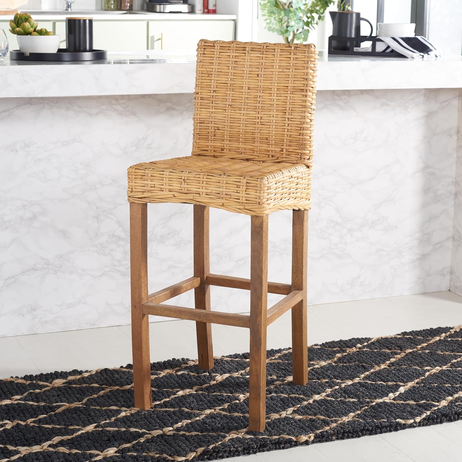 image:imageSAFAVIEH Furniture Tobie Rattan Bar Stool 177 Seat Height Grey WhiteWash Mango Wood Coastal RattanSeat Design Ideal for Kitchen Bar Area Dining Room Fully Assembled BST6500BNatural Natural