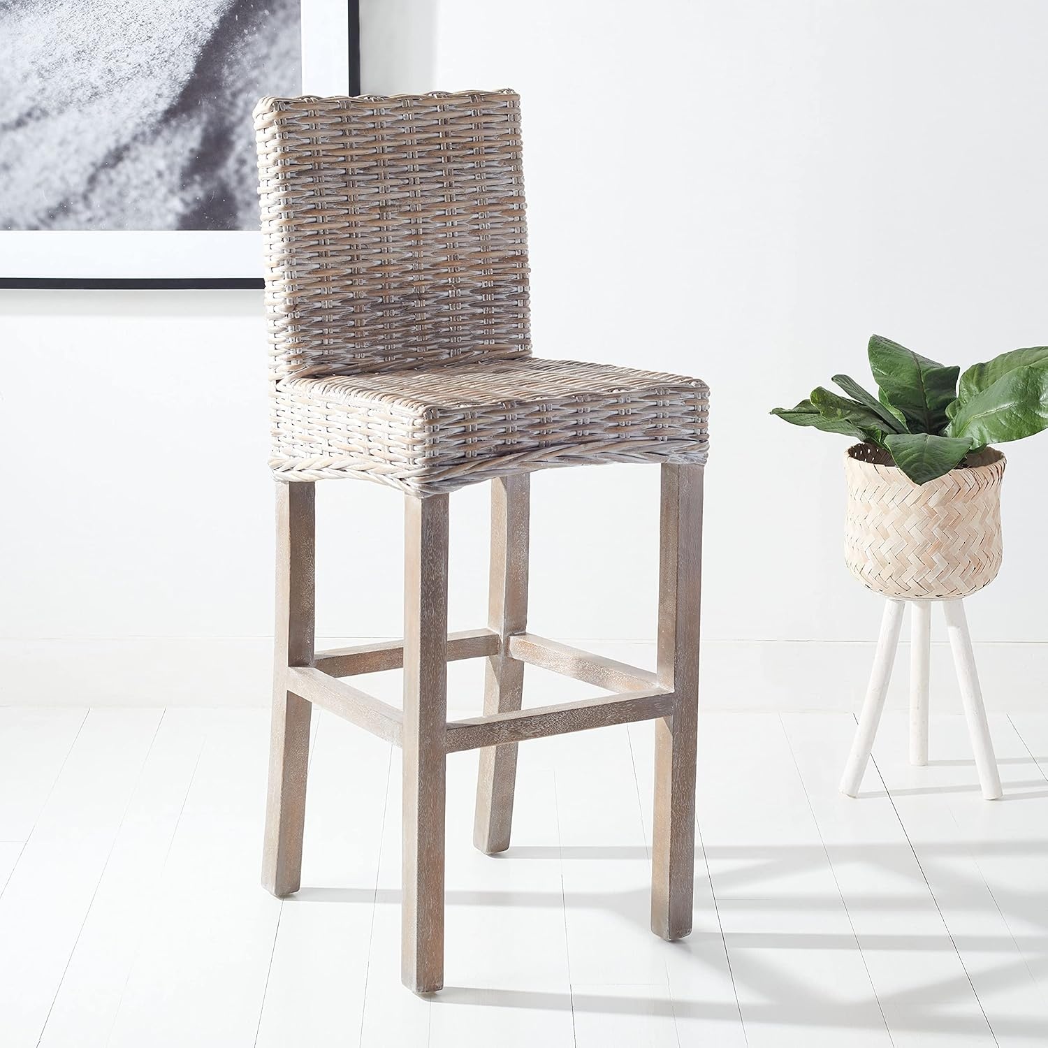 image:imageSAFAVIEH Furniture Tobie Rattan Bar Stool 177 Seat Height Grey WhiteWash Mango Wood Coastal RattanSeat Design Ideal for Kitchen Bar Area Dining Room Fully Assembled BST6500BWhite Washed White Washed