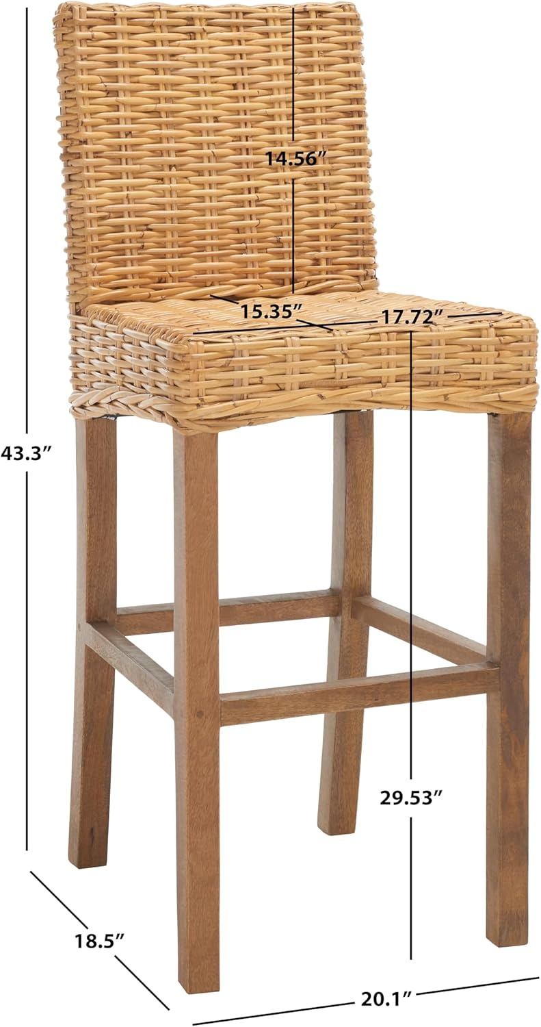 image:imageSAFAVIEH Furniture Tobie Rattan Bar Stool 177 Seat Height Grey WhiteWash Mango Wood Coastal RattanSeat Design Ideal for Kitchen Bar Area Dining Room Fully Assembled BST6500BNatural Natural