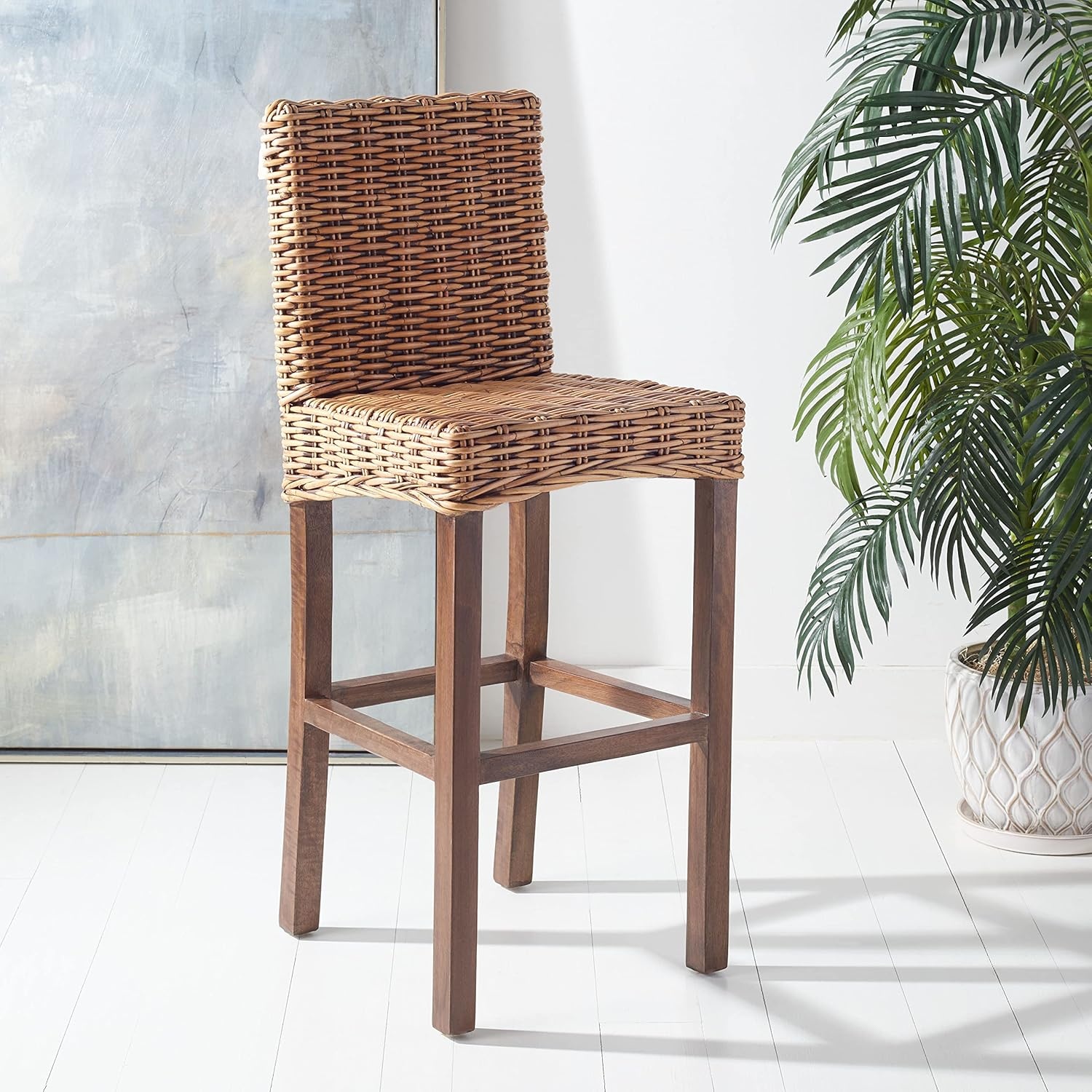 image:imageSAFAVIEH Furniture Tobie Rattan Bar Stool 177 Seat Height Grey WhiteWash Mango Wood Coastal RattanSeat Design Ideal for Kitchen Bar Area Dining Room Fully Assembled BST6500BHoney Brown Wash