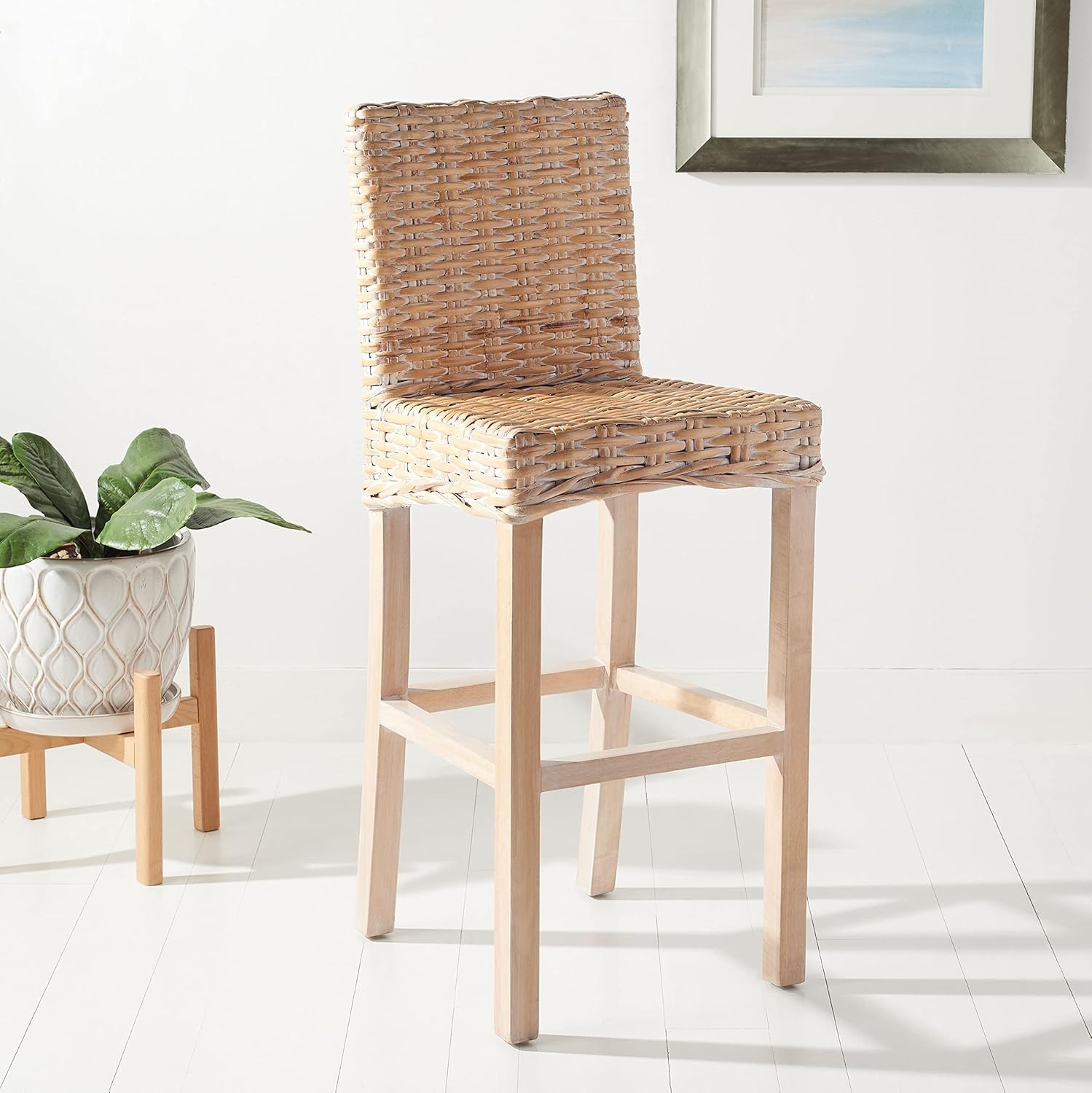 image:imageSAFAVIEH Furniture Tobie Rattan Bar Stool 177 Seat Height Grey WhiteWash Mango Wood Coastal RattanSeat Design Ideal for Kitchen Bar Area Dining Room Fully Assembled BST6500BNatural White Wash