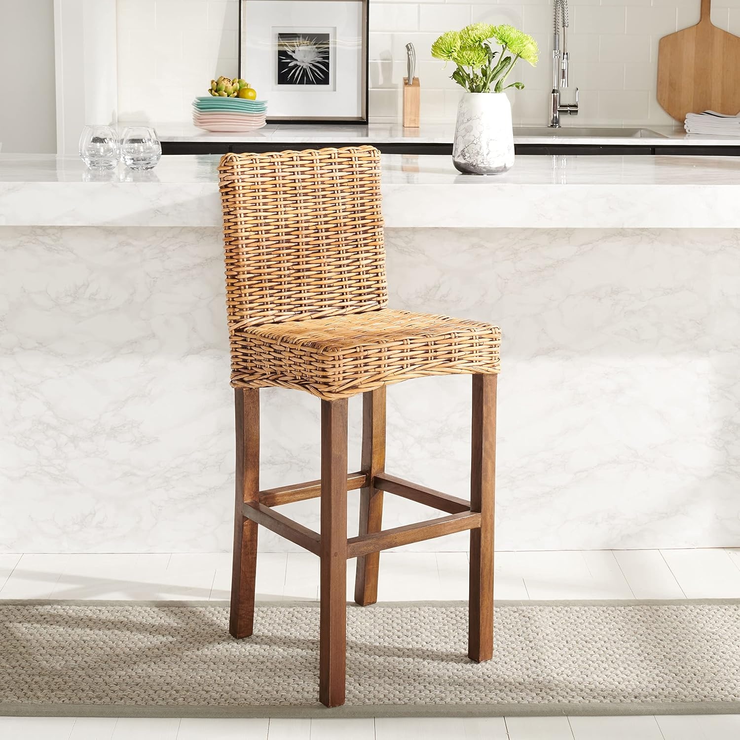 image:imageSAFAVIEH Furniture Tobie Rattan Bar Stool 177 Seat Height Grey WhiteWash Mango Wood Coastal RattanSeat Design Ideal for Kitchen Bar Area Dining Room Fully Assembled BST6500BHoney Brown Wash