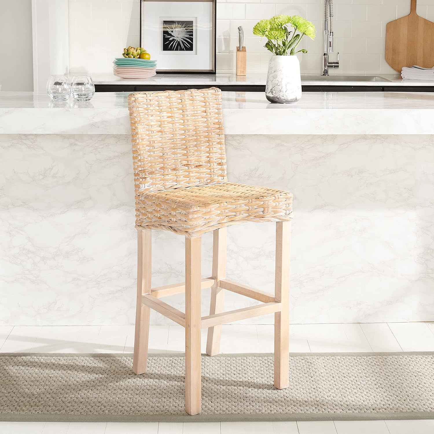 image:imageSAFAVIEH Furniture Tobie Rattan Bar Stool 177 Seat Height Grey WhiteWash Mango Wood Coastal RattanSeat Design Ideal for Kitchen Bar Area Dining Room Fully Assembled BST6500BNatural White Wash