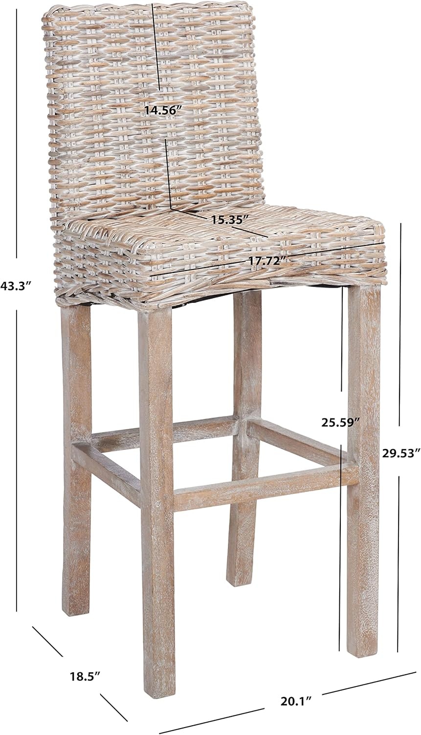 image:imageSAFAVIEH Furniture Tobie Rattan Bar Stool 177 Seat Height Grey WhiteWash Mango Wood Coastal RattanSeat Design Ideal for Kitchen Bar Area Dining Room Fully Assembled BST6500BWhite Washed White Washed