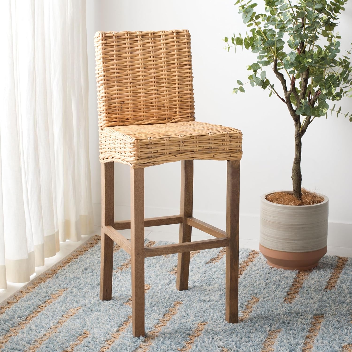 image:imageSAFAVIEH Furniture Tobie Rattan Bar Stool 177 Seat Height Grey WhiteWash Mango Wood Coastal RattanSeat Design Ideal for Kitchen Bar Area Dining Room Fully Assembled BST6500BNatural Natural