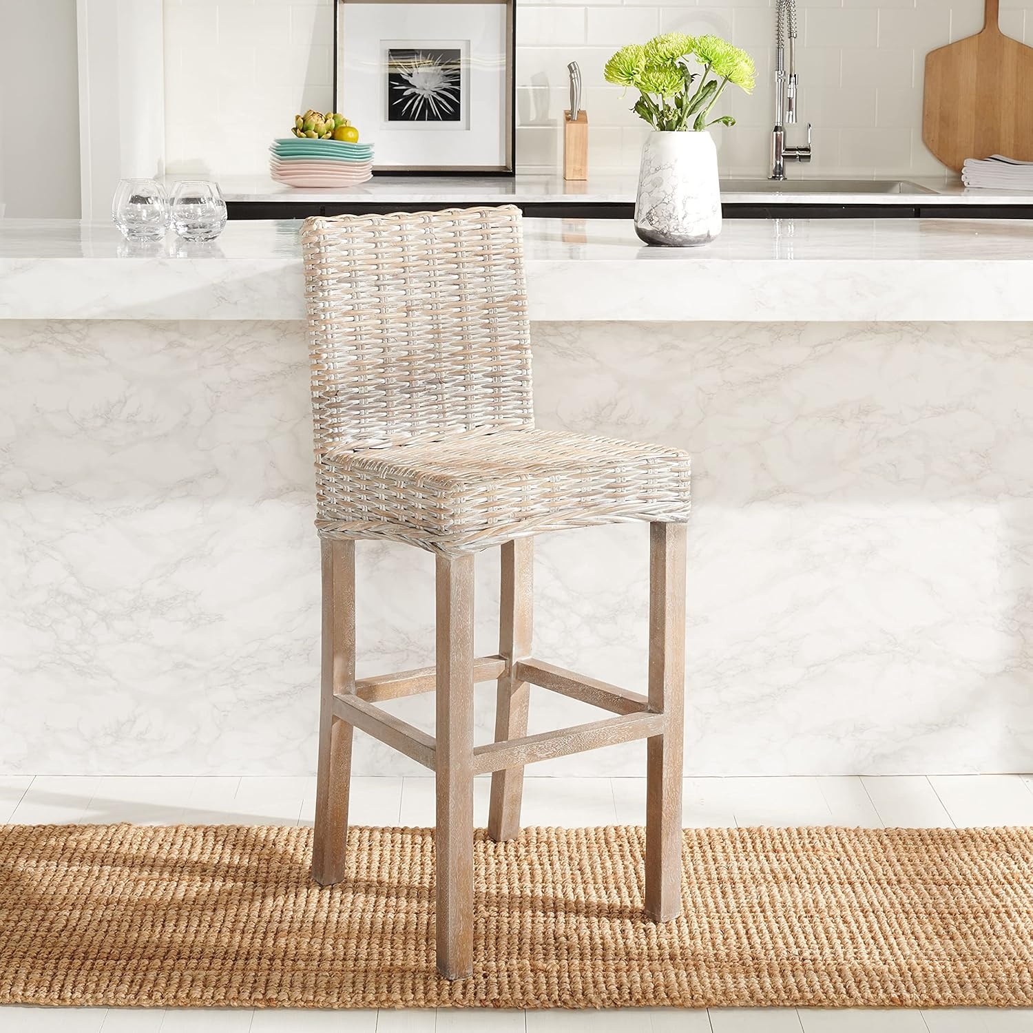 image:imageSAFAVIEH Furniture Tobie Rattan Bar Stool 177 Seat Height Grey WhiteWash Mango Wood Coastal RattanSeat Design Ideal for Kitchen Bar Area Dining Room Fully Assembled BST6500BWhite Washed White Washed