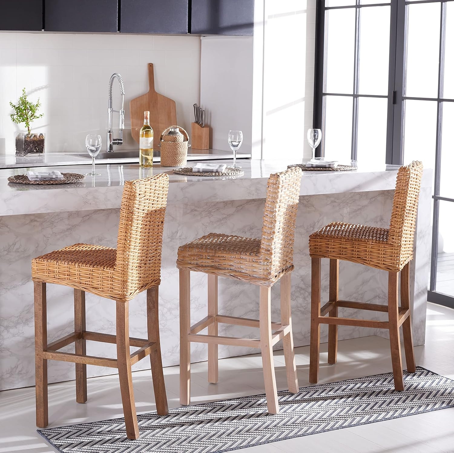 image:imageSAFAVIEH Furniture Tobie Rattan Bar Stool 177 Seat Height Grey WhiteWash Mango Wood Coastal RattanSeat Design Ideal for Kitchen Bar Area Dining Room Fully Assembled BST6500BNatural White Wash