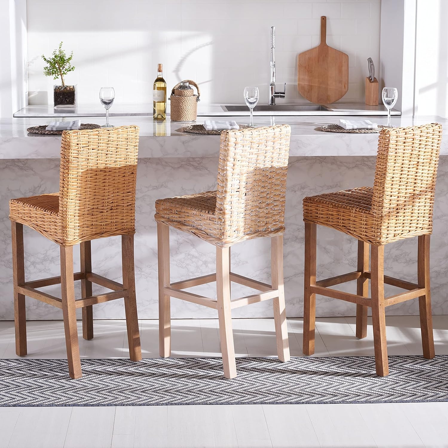 image:imageSAFAVIEH Furniture Tobie Rattan Bar Stool 177 Seat Height Grey WhiteWash Mango Wood Coastal RattanSeat Design Ideal for Kitchen Bar Area Dining Room Fully Assembled BST6500BNatural White Wash