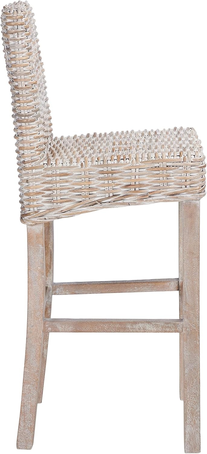 image:imageSAFAVIEH Furniture Tobie Rattan Bar Stool 177 Seat Height Grey WhiteWash Mango Wood Coastal RattanSeat Design Ideal for Kitchen Bar Area Dining Room Fully Assembled BST6500BWhite Washed White Washed