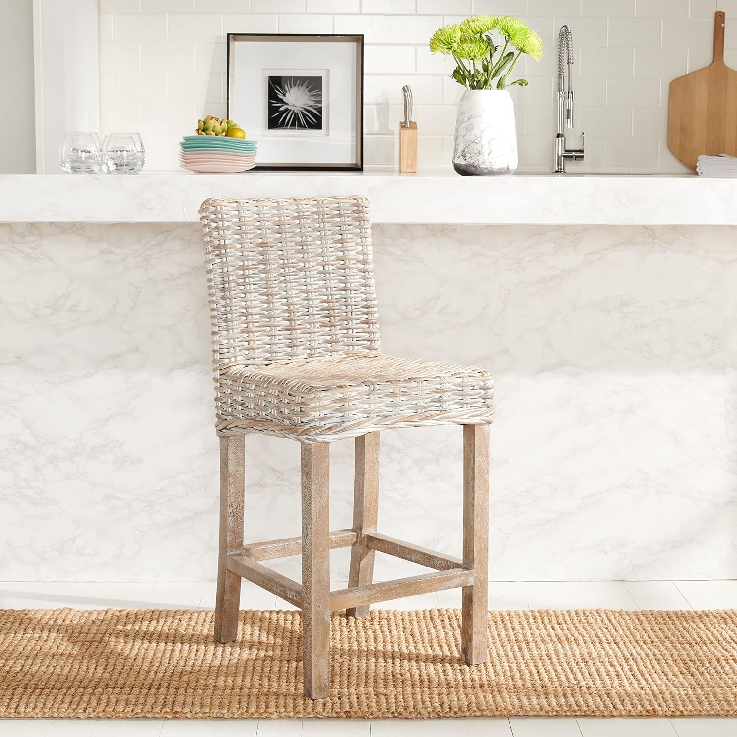 image:imageSAFAVIEH Furniture Tobie Rattan Counter Stool 2362 Seat Height WhiteWashed Mango Wood Coastal RattanSeat Design Ideal for Kitchen Bar Area Dining Room Fully Assembled BST6501CWhite Washed White Washed