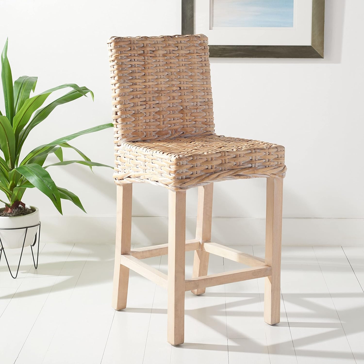 image:imageSAFAVIEH Furniture Tobie Rattan Counter Stool 2362 Seat Height WhiteWashed Mango Wood Coastal RattanSeat Design Ideal for Kitchen Bar Area Dining Room Fully Assembled BST6501CNatural White Wash