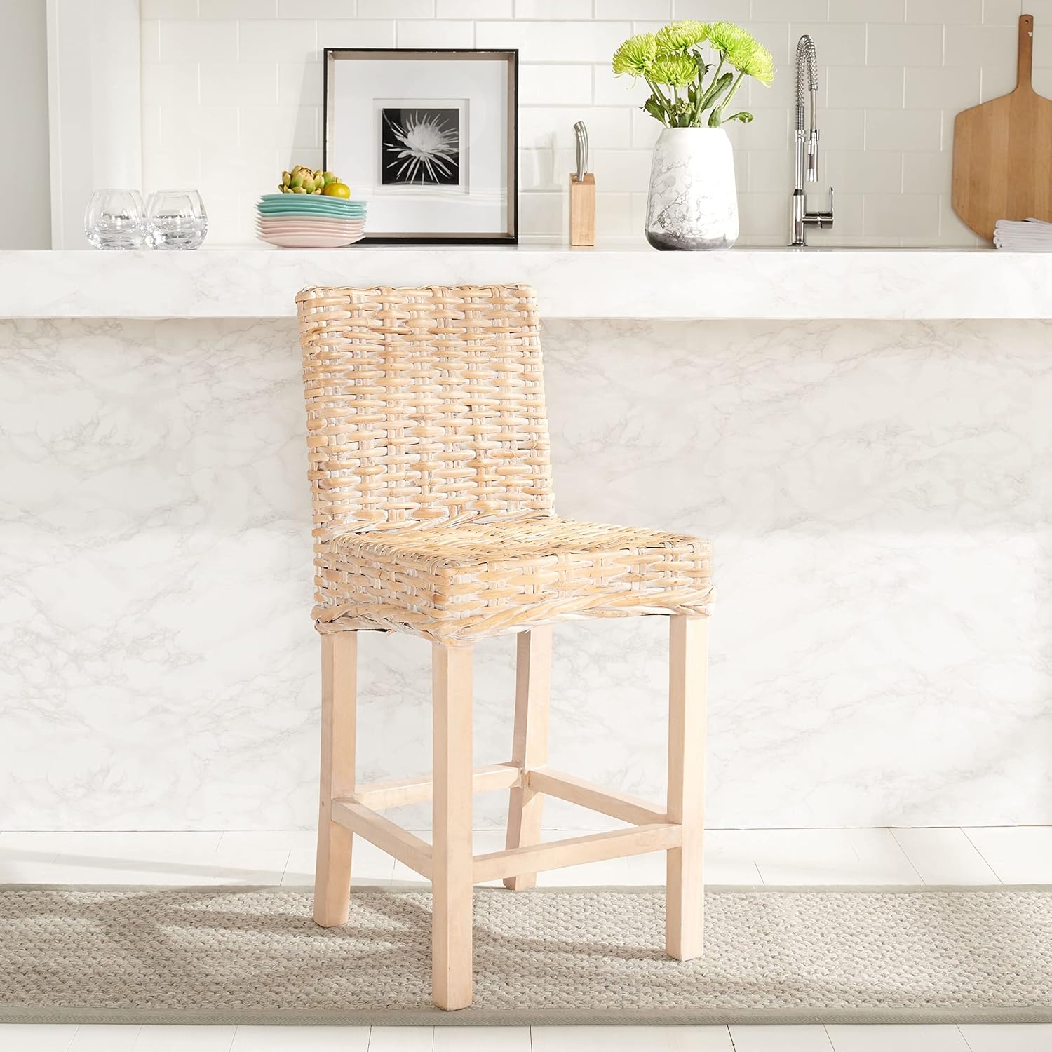 image:imageSAFAVIEH Furniture Tobie Rattan Counter Stool 2362 Seat Height WhiteWashed Mango Wood Coastal RattanSeat Design Ideal for Kitchen Bar Area Dining Room Fully Assembled BST6501CNatural White Wash