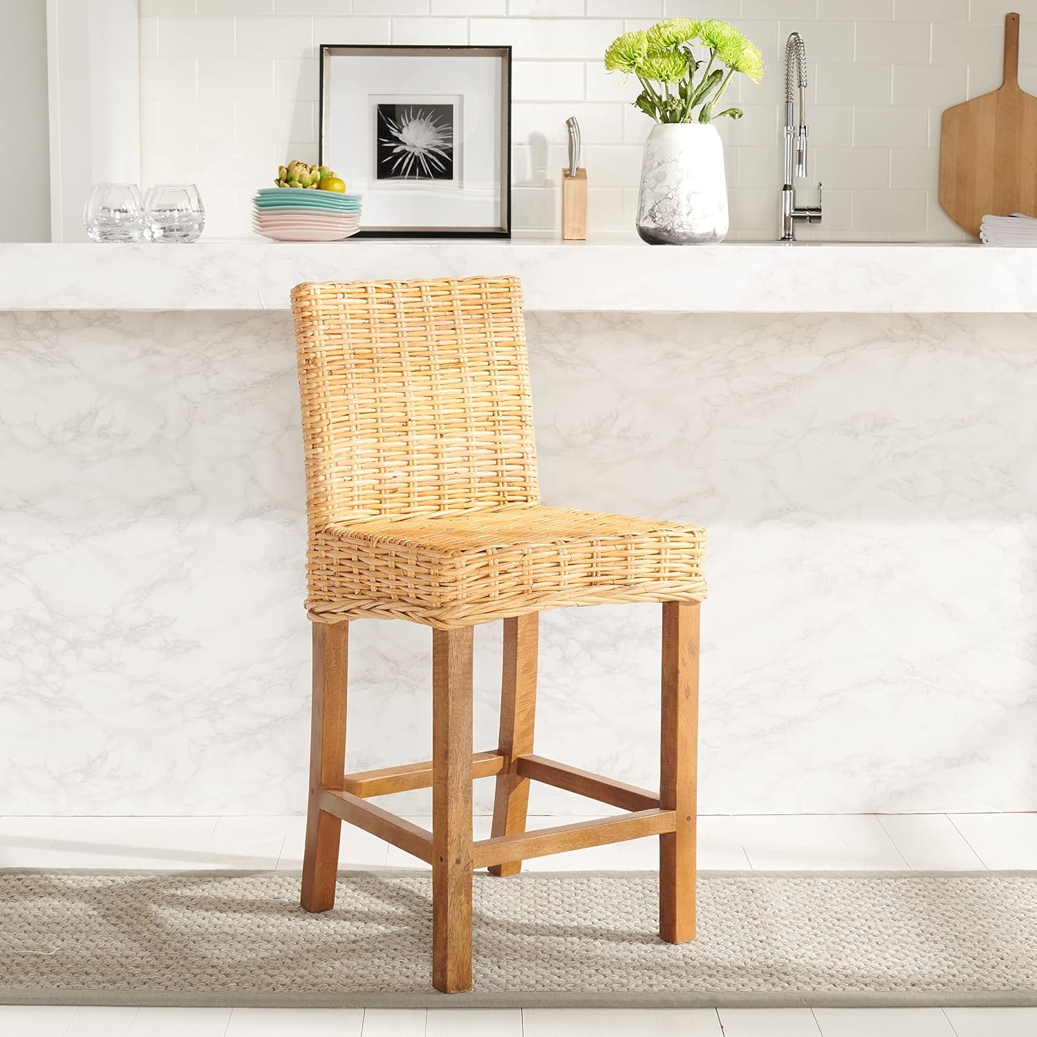 image:imageSAFAVIEH Furniture Tobie Rattan Counter Stool 2362 Seat Height WhiteWashed Mango Wood Coastal RattanSeat Design Ideal for Kitchen Bar Area Dining Room Fully Assembled BST6501CNatural Natural