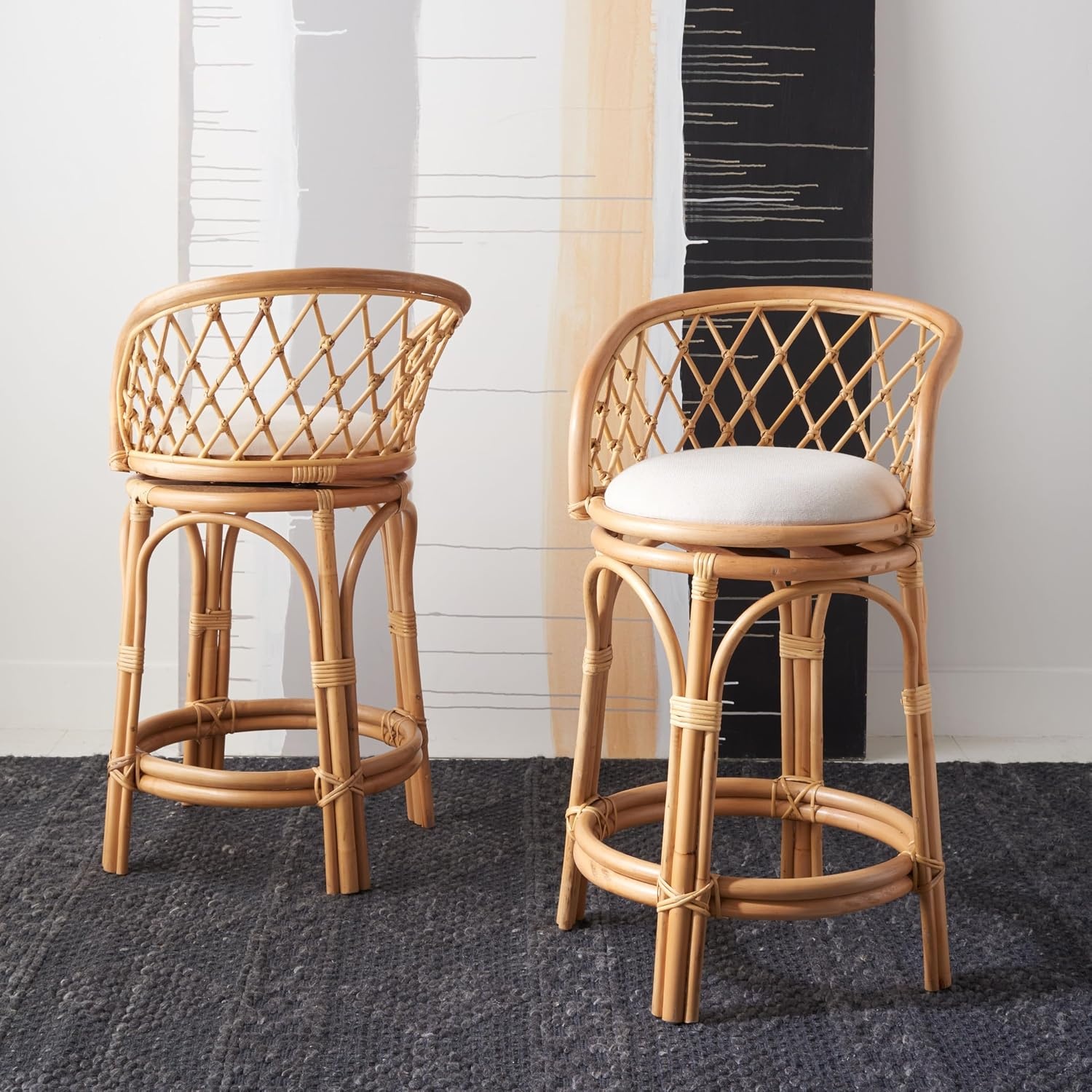 image:imageSAFAVIEH Furniture Yuta Rattan Swivel Counter Stool 2382 Seat Height White amp Natural Mango Wood Coastal Rattan Design Ideal for Kitchen Bar Area Fully Assembled BST6504AWhiteNatural