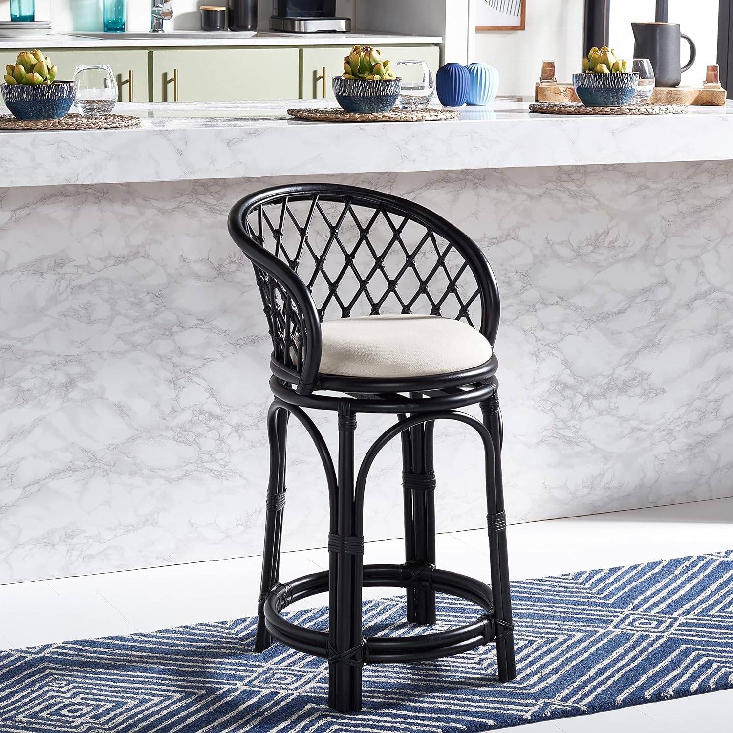 image:imageSAFAVIEH Furniture Yuta Rattan Swivel Counter Stool 2382 Seat Height White amp Natural Mango Wood Coastal Rattan Design Ideal for Kitchen Bar Area Fully Assembled BST6504AWhiteBlack
