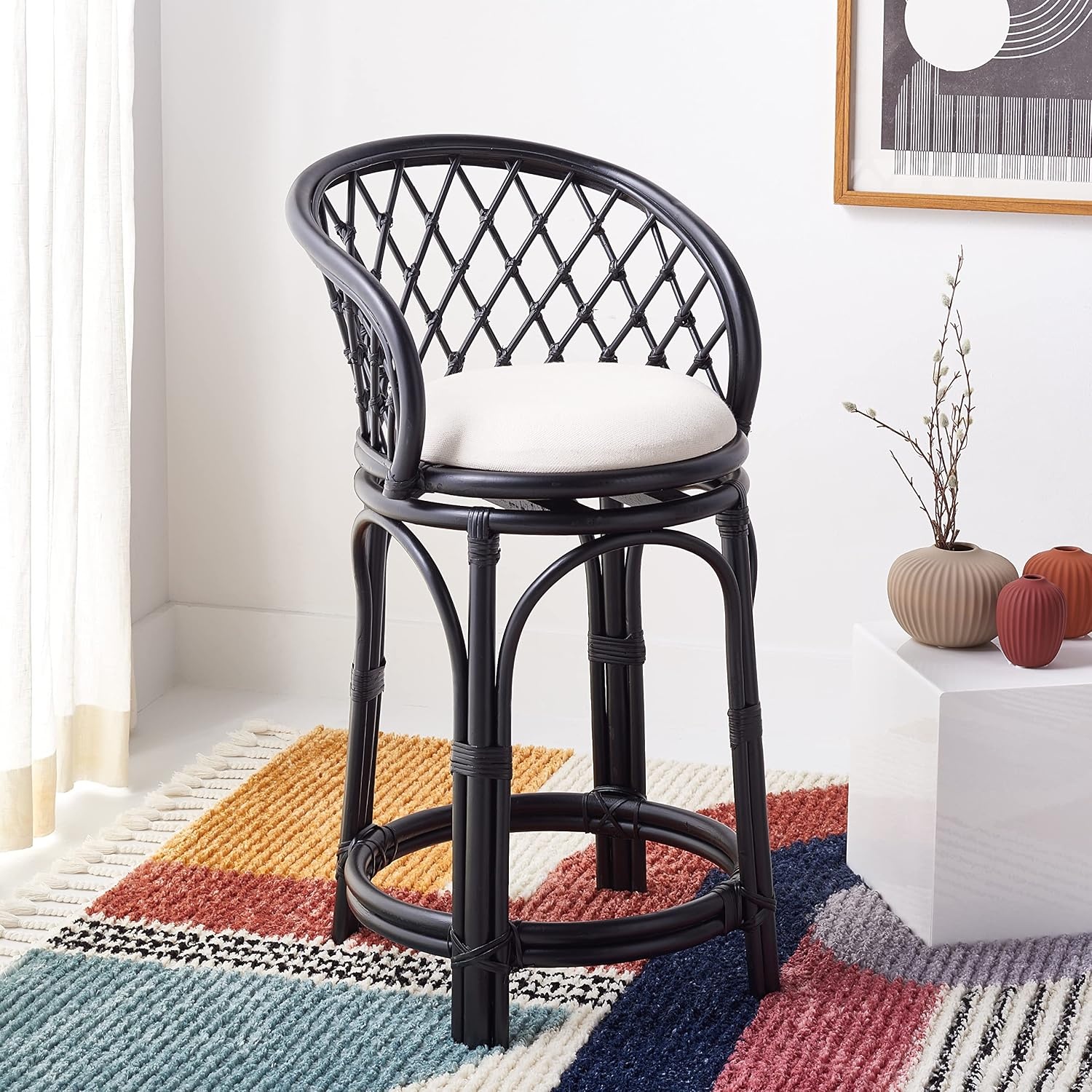 image:imageSAFAVIEH Furniture Yuta Rattan Swivel Counter Stool 2382 Seat Height White amp Natural Mango Wood Coastal Rattan Design Ideal for Kitchen Bar Area Fully Assembled BST6504AWhiteBlack