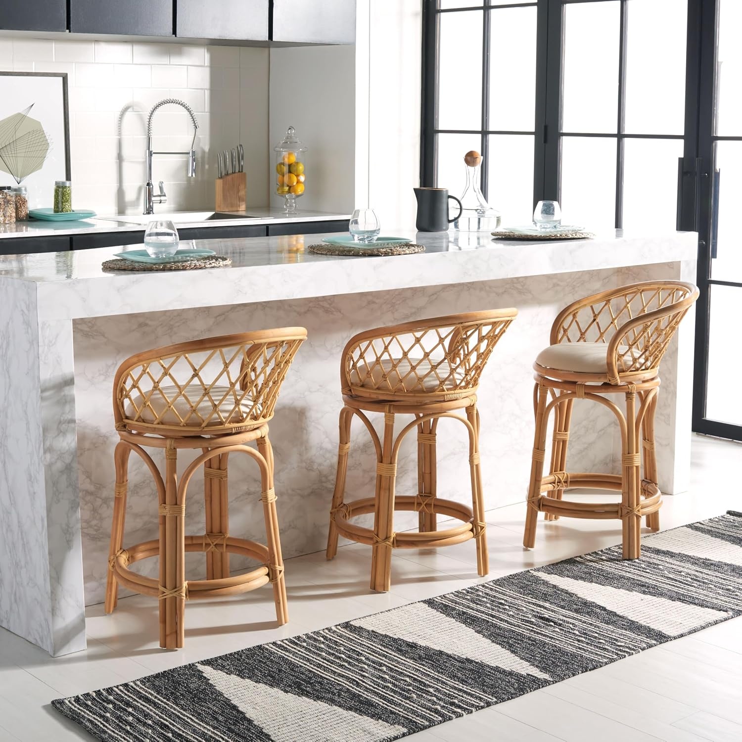 image:imageSAFAVIEH Furniture Yuta Rattan Swivel Counter Stool 2382 Seat Height White amp Natural Mango Wood Coastal Rattan Design Ideal for Kitchen Bar Area Fully Assembled BST6504AWhiteNatural
