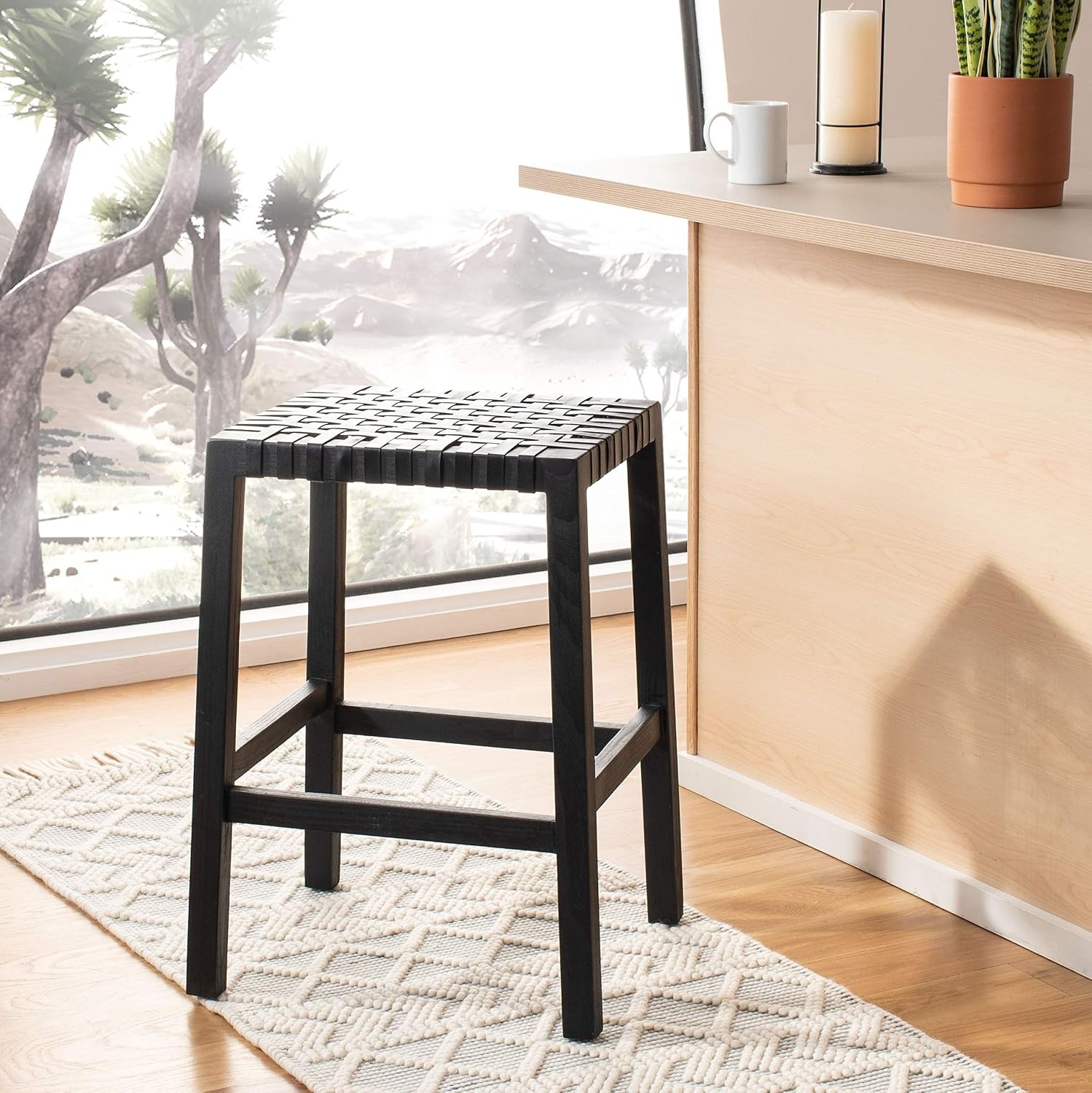 image:imageSAFAVIEH Home Capri Brown Wood and Leather 27inch Counter StoolBlack Black